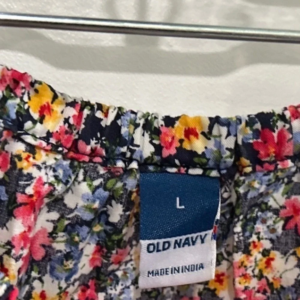 Old Navy Womens Large Ditsy Floral Puff Sleeve Babydoll Blouse Navy Blue Red